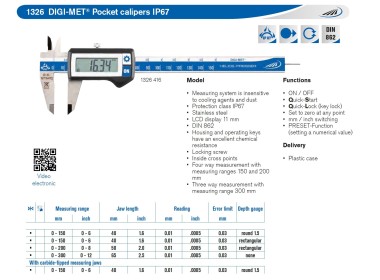 HELIOS-PREISSER 1326416 - Waterproof Digital Caliper IP67, 0-150mm/0-6", round touch
