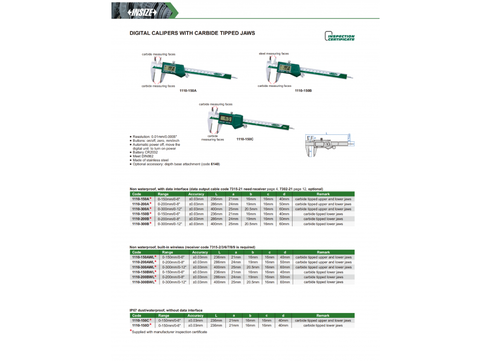 INSIZE 1110 - Waterproof Digital Caliper with carbide tipped jaws