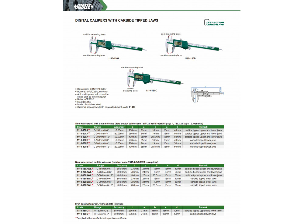 INSIZE 1110 - Digital Caliper with carbide tipped jaws