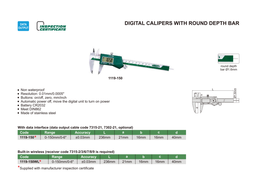 INSIZE 1119 - Digital Caliper with round depth bar