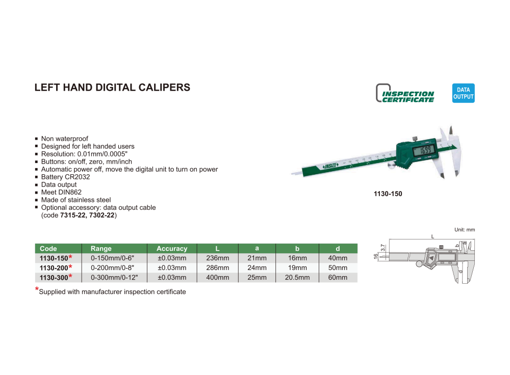INSIZE 1130 - Left Hand Digital Caliper