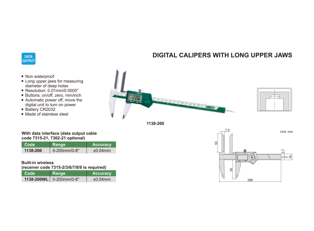 INSIZE 1138 - Digital Caliper with long upper jaws