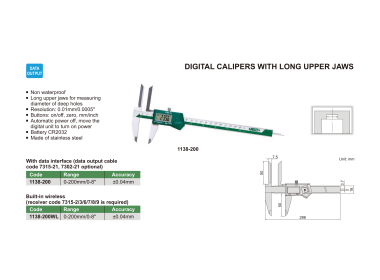 INSIZE 1138 - Wireless Digital Caliper with long upper jaws