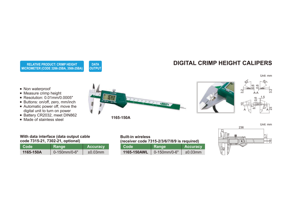 INSIZE 1165 - Digital Crimp Height Caliper