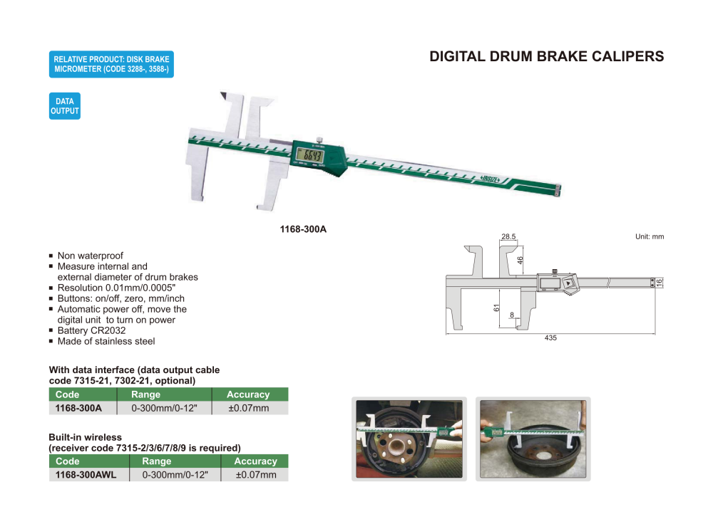INSIZE 1168 - Wireless Digital Drum Brake Caliper