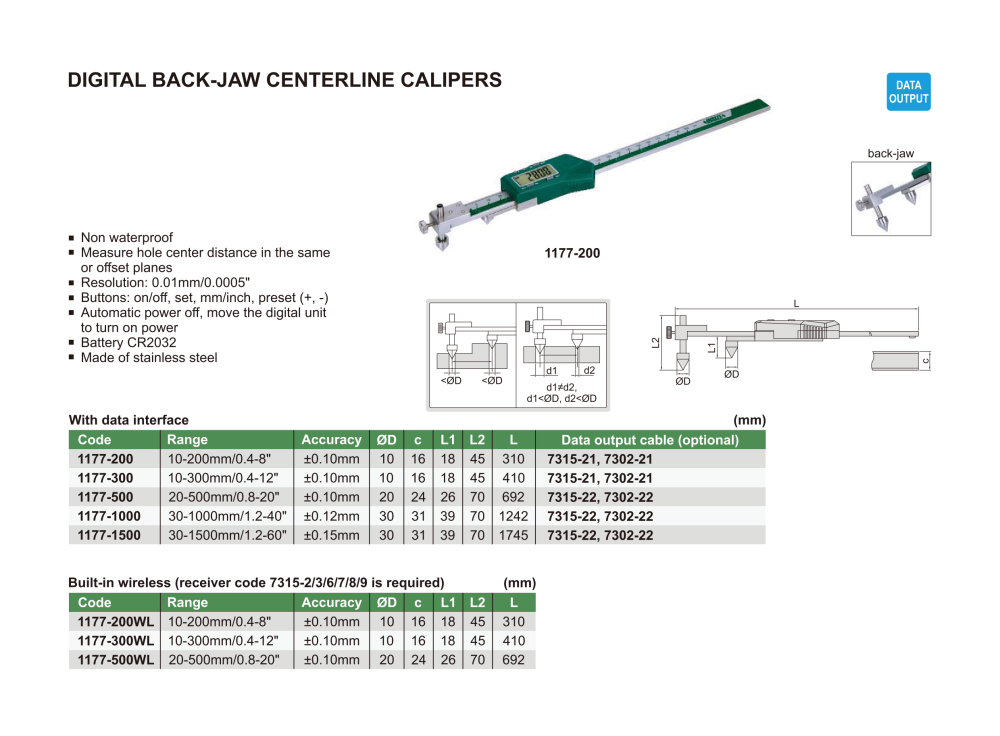 INSIZE 1177 - Digital Back-Jaw Centerline Caliper