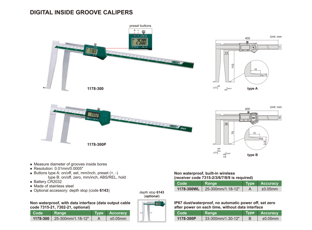 INSIZE 1178 - Waterproof Digital Inside Groove Caliper