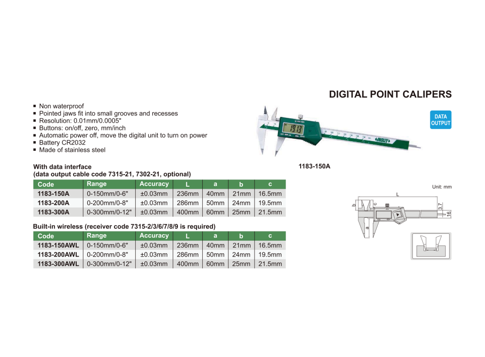 INSIZE 1183 - Wireless Digital Point Caliper