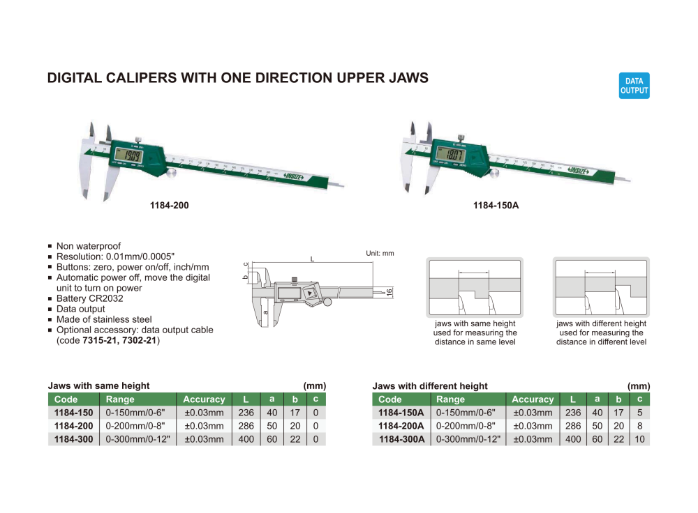 INSIZE 1184 - Digital Caliper with one direction upper jaws (jaws with same height)