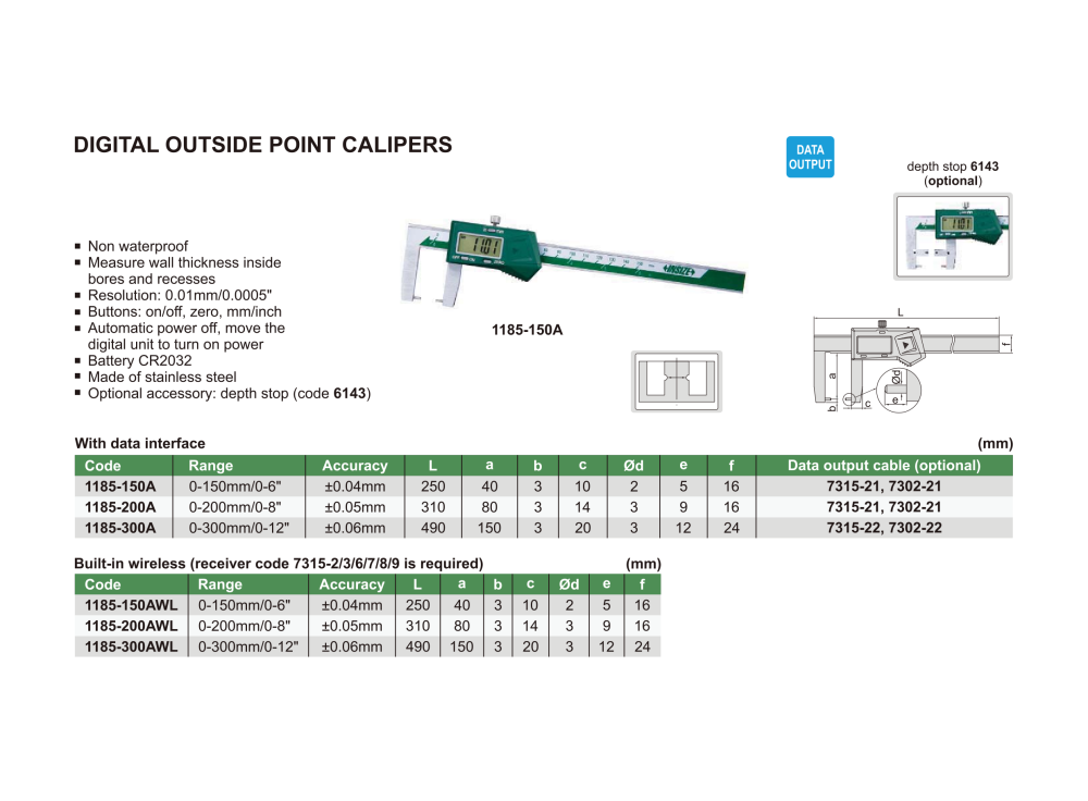 INSIZE 1185 - Wireless Digital Outside Point Caliper