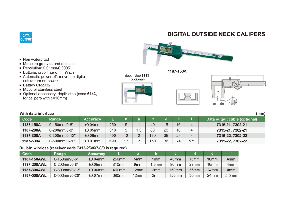 INSIZE 1187 - Wireless Digital Outside Neck Caliper