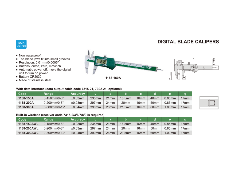 INSIZE 1188 - Wireless Digital Blade Caliper