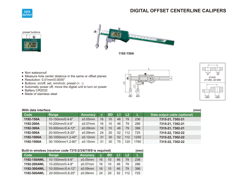 INSIZE 1192 - Wireless Digital Offset Centerline Caliper