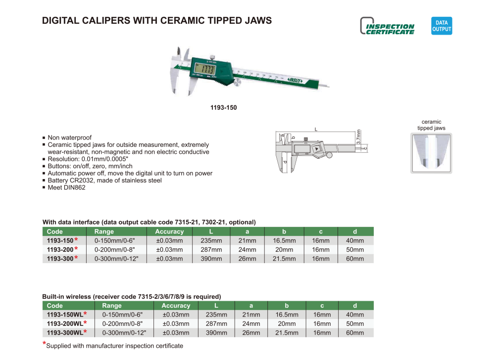 INSIZE 1193 - Digital Caliper with ceramic tipped jaws