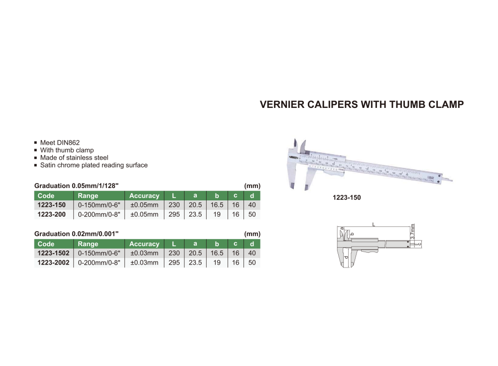 INSIZE 1223 - Vernier Caliper with thumb clamp