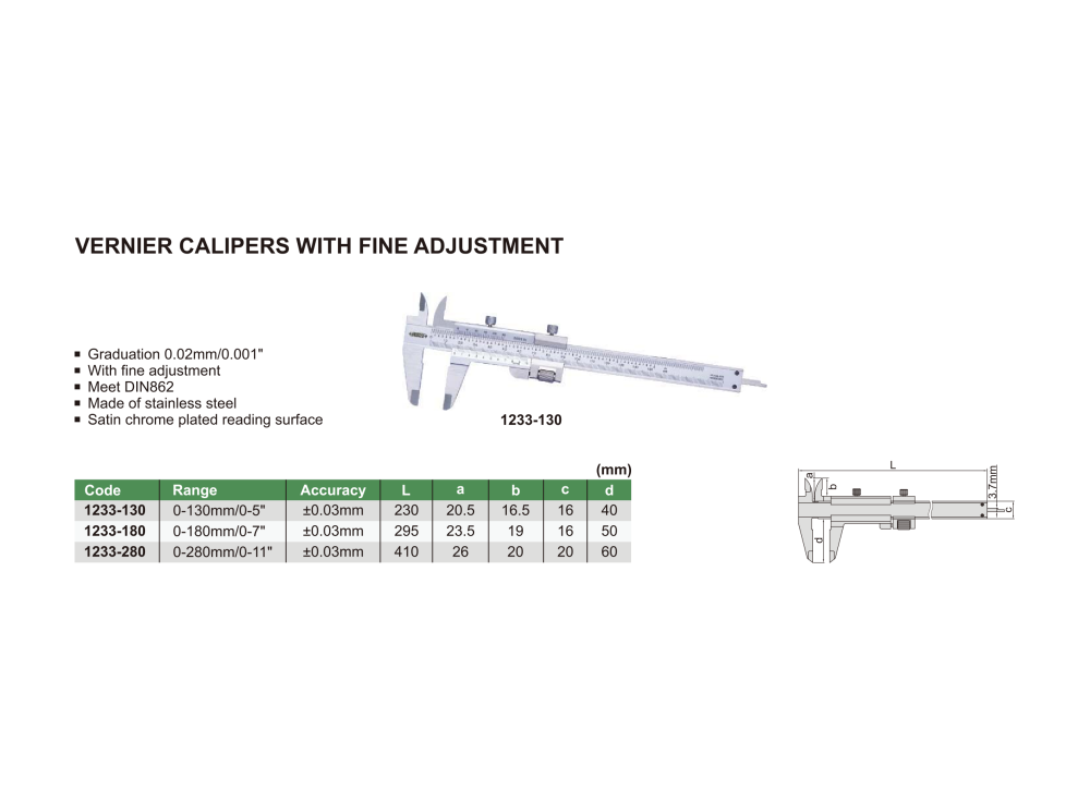 INSIZE 1233 - Vernier Caliper with fine adjustment