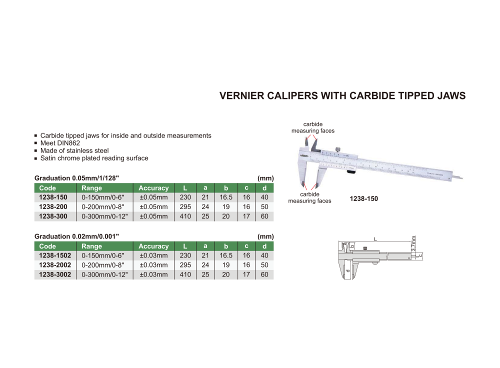 INSIZE 1238 - Vernier Caliper with carbide tipped jaws