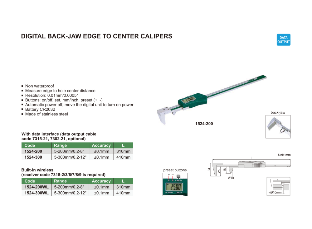 INSIZE 1524 - Wireless Digital Back-Jaw Edge to Center Caliper