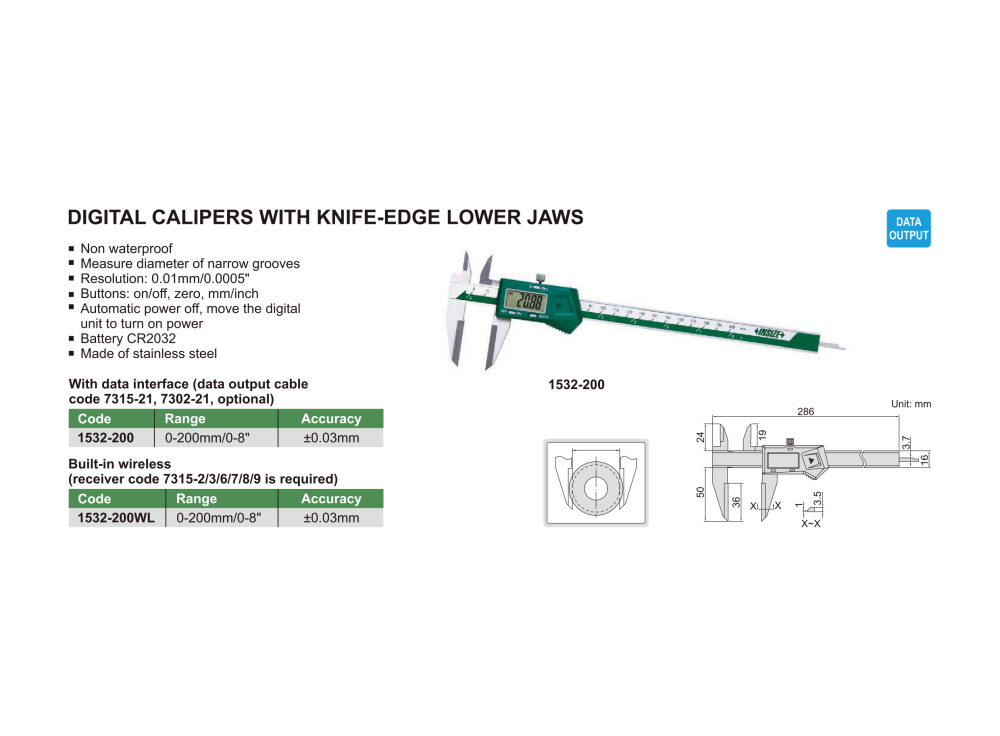 INSIZE 1532 - Wireless Digital Caliper with knife edge lower jaws