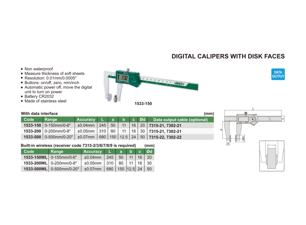 INSIZE 1533 - Wireless Digital Caliper with disk faces