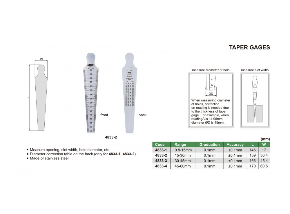 INSIZE 4833-2 - TAPER GAGE, 15-30mm (5/8